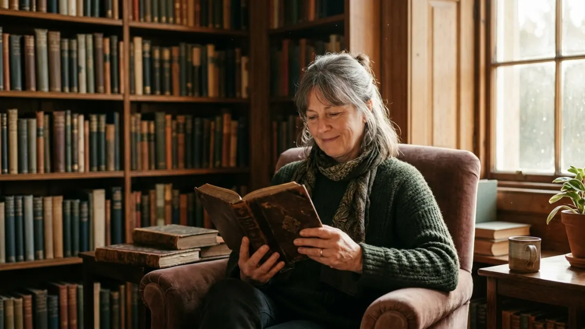 Text rewriter reader enjoying a leather-bound book in a cozy sunlit library corner surrounded by wooden bookshelves