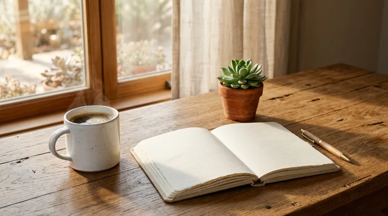 Warm wooden desk with coffee mug and notebook for AI writing tools article