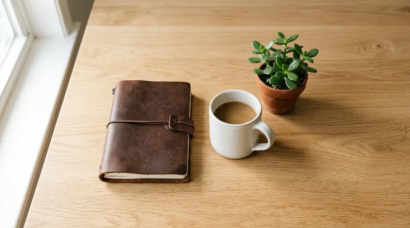 Minimalist desk workspace with leather journal and coffee mug for AI detection remover article