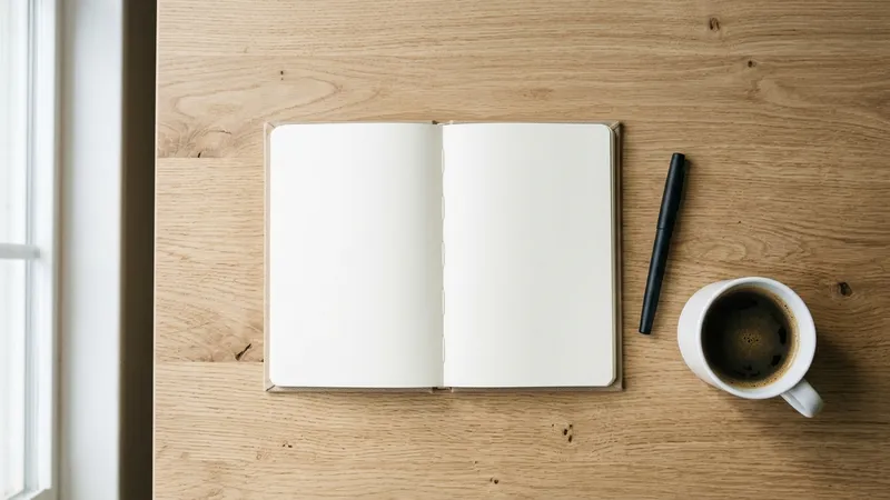 Clean wooden desk with notebook pen and coffee cup natural daylight for research paper writing