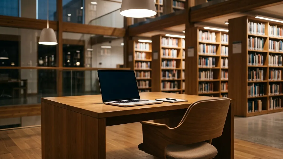 University library study desk with laptop, research papers atmosphere