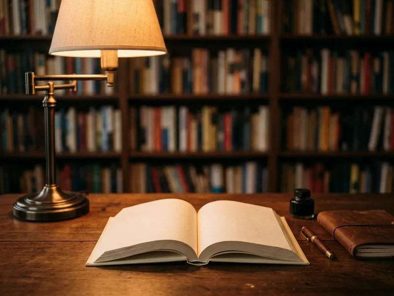 Academic workspace with open book and warm reading lamp glow for research paper study