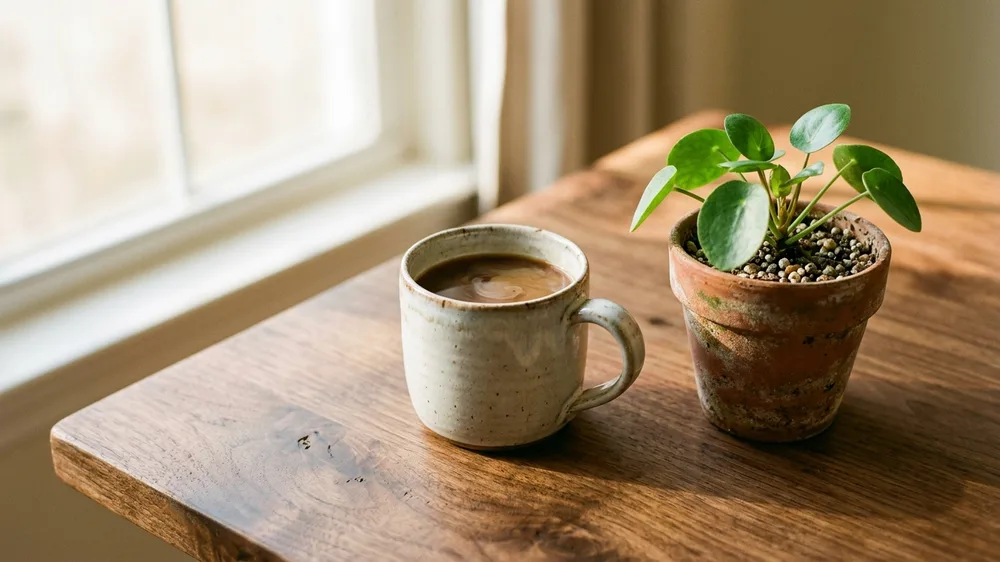 Creative desk setup with coffee and plant for humanizing AI text
