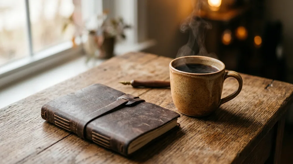 Modern workspace with notebook and coffee for AI humanizing workflow