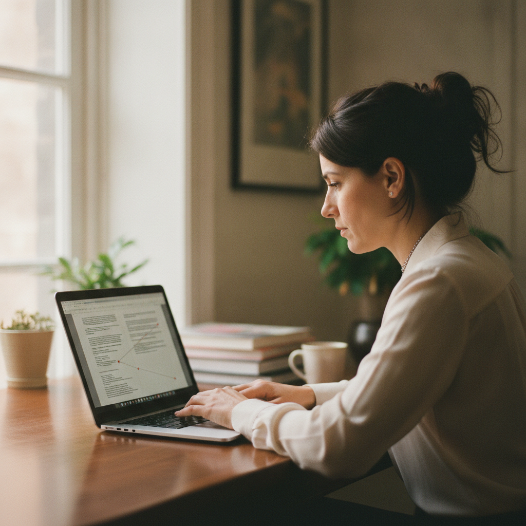 Person working on AI text humanization at a modern desk setup with laptop and natural lighting