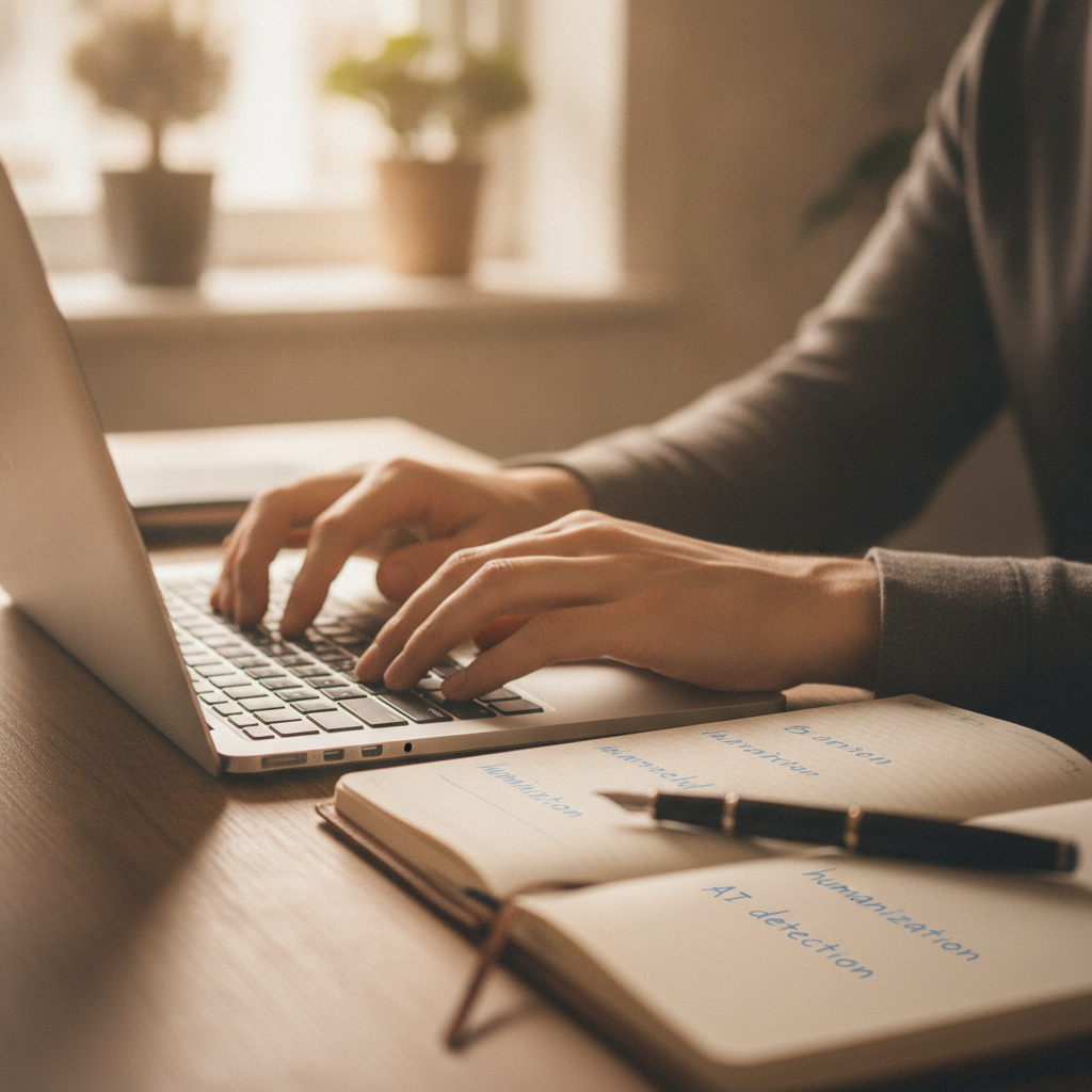 Close-up of hands typing on laptop with handwritten AI detection notes and notebook on desk