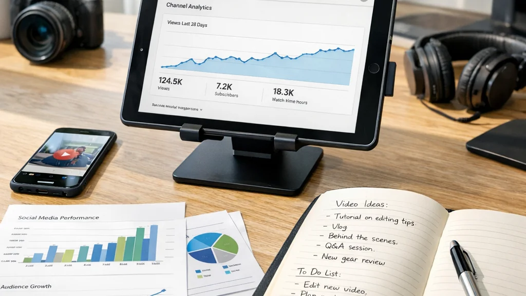 Content creator workspace with digital and printed materials for content repurposing strategy