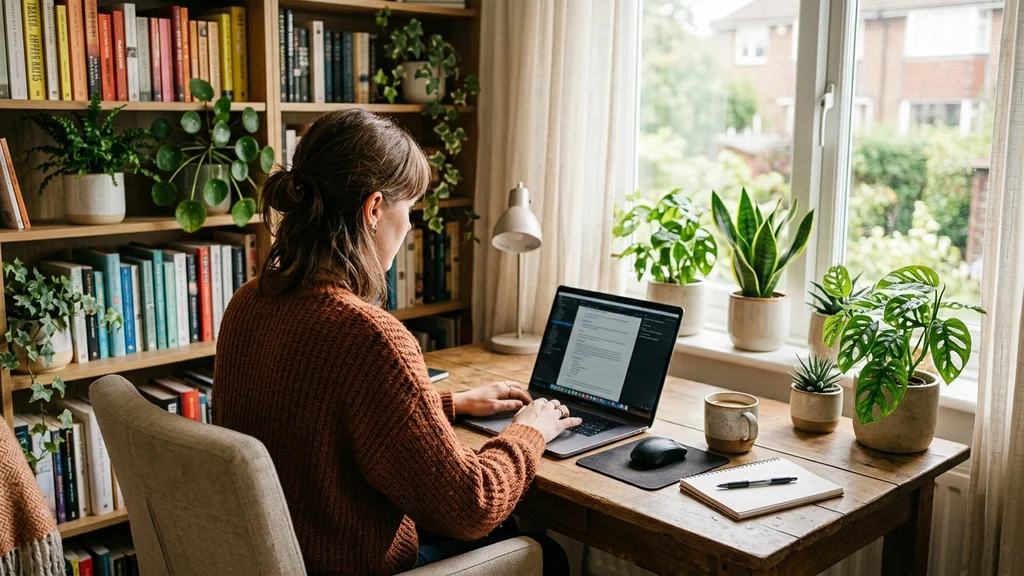 Blogger editing humanized AI blog content on a tablet while sitting on a couch in a modern living room