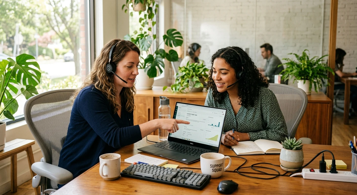 Two customer support team members working together at a desk, demonstrating how to humanize AI customer support responses through collaboration