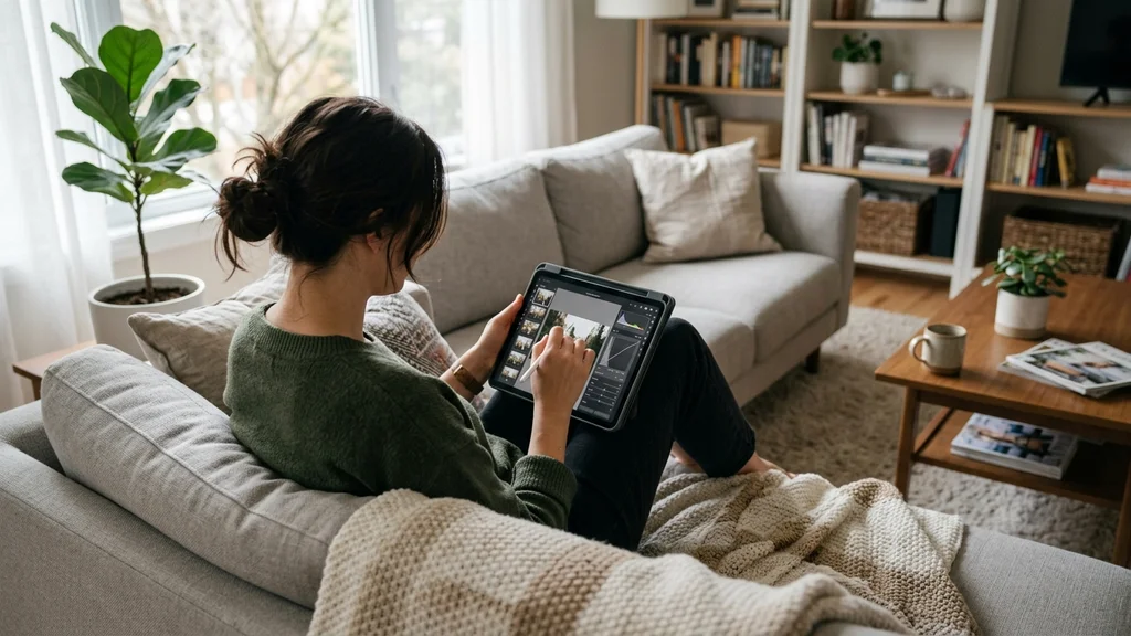 A person using a tablet to review and edit AI generated blog content while sitting on a comfortable couch at home