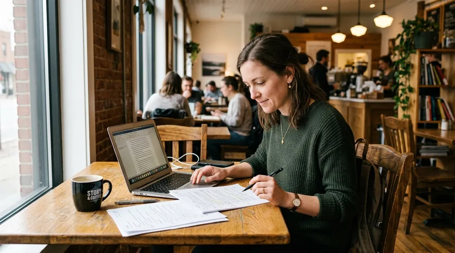 Freelance writer reviewing documents at a coffee shop with laptop and tablet