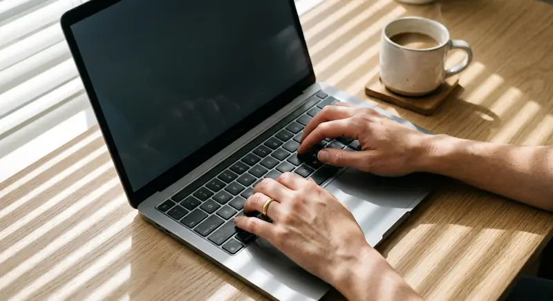 Hands typing on laptop keyboard at modern desk