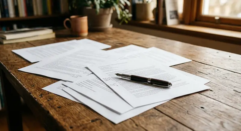 Printed documents on wooden table with pen