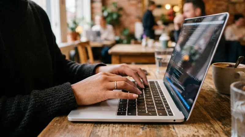Close-up of hands typing on laptop keyboard testing different QuillBot alternatives for AI content rewriting
