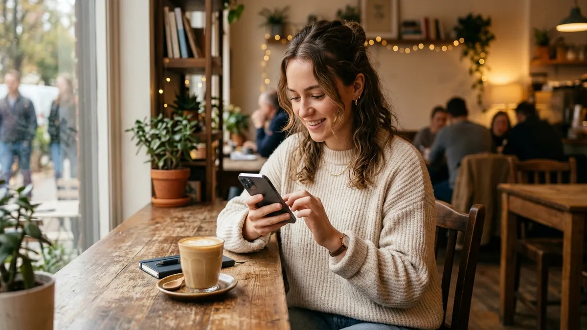 Young woman creating and humanizing social media content on her phone at a cozy coffee shop table with warm natural lighting
