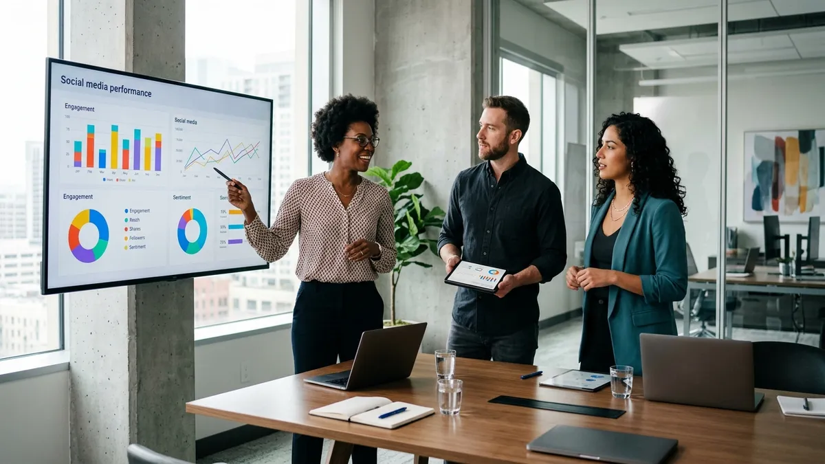 Marketing team reviewing social media engagement charts and performance data on large monitor display in modern office