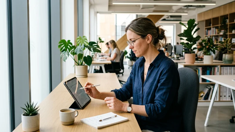 Professional writer reviewing AI humanized text on tablet in bright modern office
