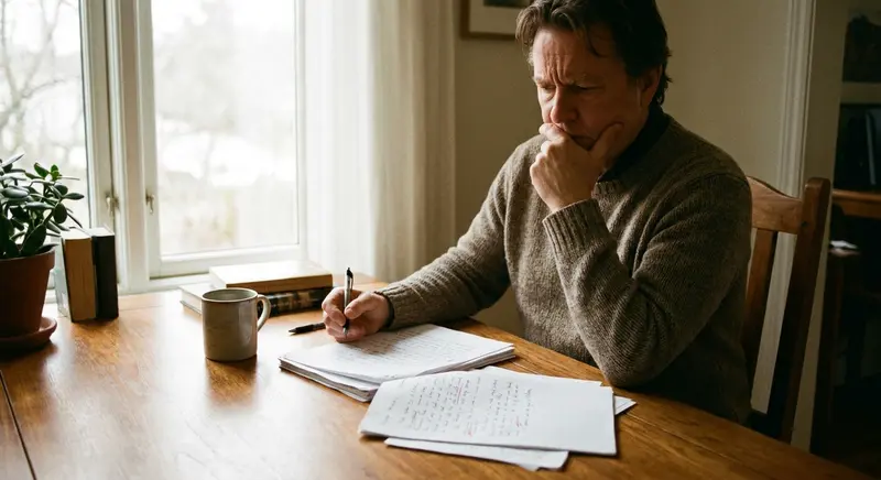 Person reviewing printed documents with a concerned expression after AI detection flagged their original writing incorrectly