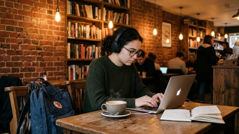 College student working on laptop in cozy library researching AI detection tools