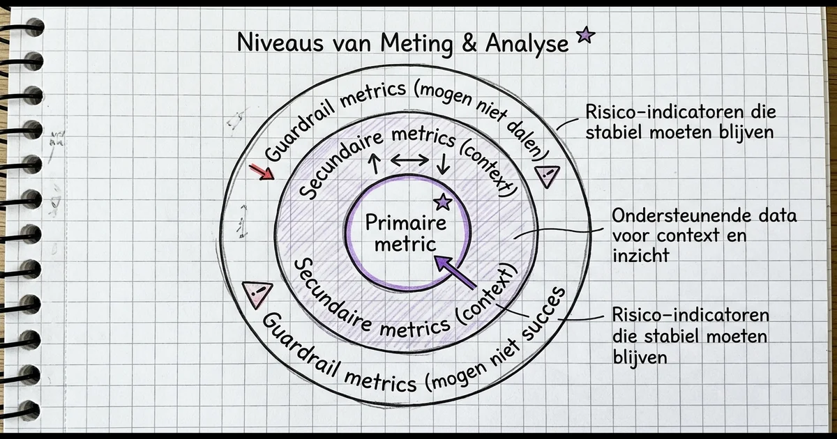 Hand-getekend diagram voor A/B test metrics selectie: primaire, secundaire en guardrail metrics