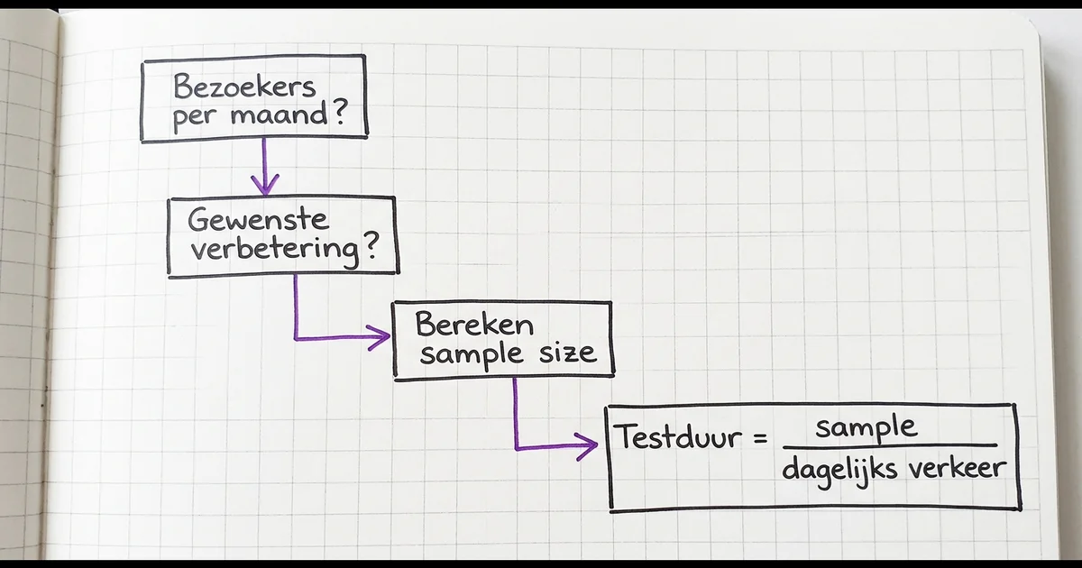 Hand-getekende flowchart voor A/B testduur berekening op basis van verkeer en sample size