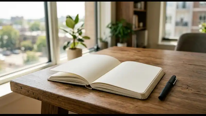 Blank notebook on wooden desk workspace