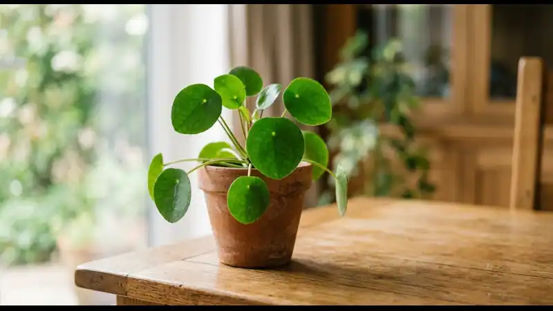 Pilea plant on office desk natural light