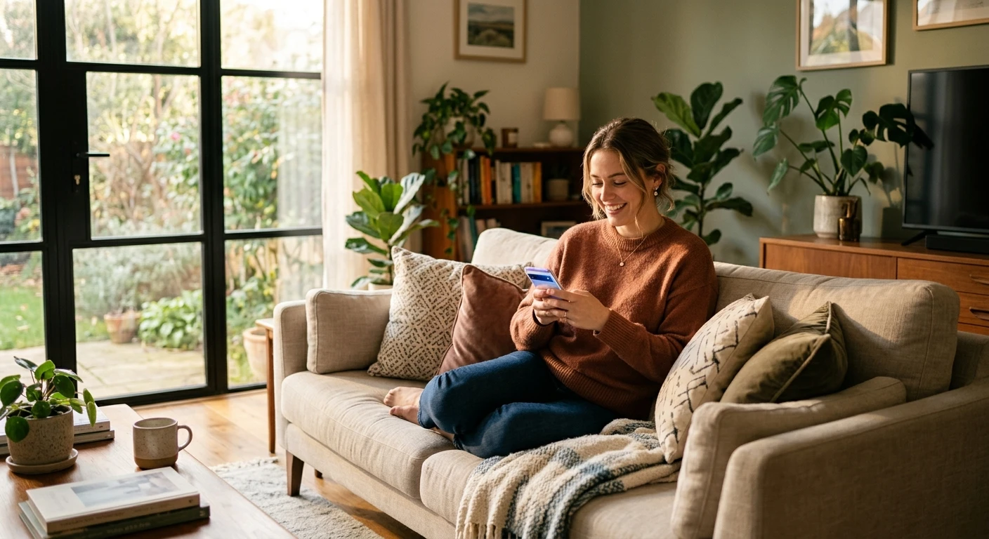 A person smiling while reading a customer support reply on their smartphone, showing the benefit of humanized AI customer support responses
