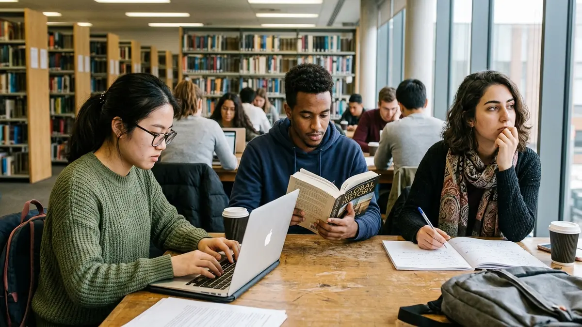 Diverse international students studying together in a modern library with natural lighting