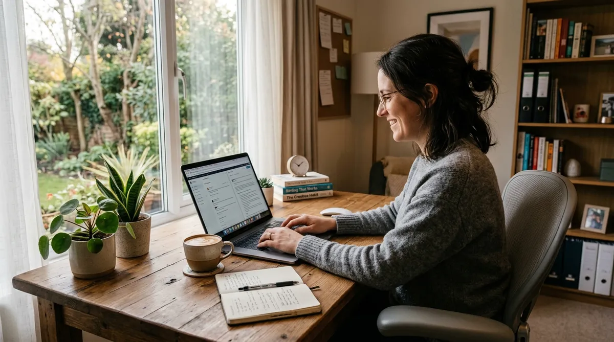 Freelance writer working on laptop in home office with natural lighting