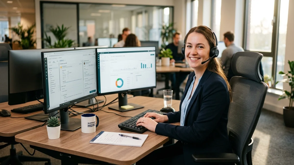 A customer support agent smiling at a modern desk with dual monitors, ready to humanize AI customer support responses
