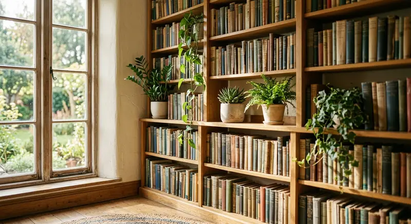 Tall bookshelf with books and plants in sunlit room showing a calm reading atmosphere for humanizing AI text