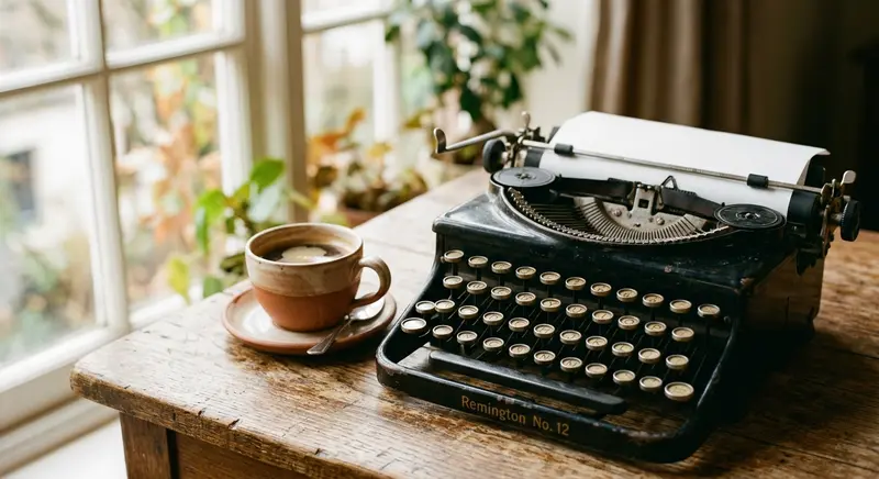 Vintage typewriter on wooden desk with coffee in natural light, a writer workspace for humanizing AI text
