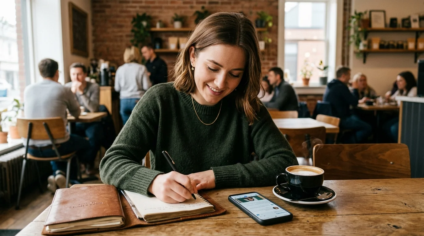 A young professional woman writing in a notebook at a coffee shop with a smartphone showing LinkedIn beside her coffee cup