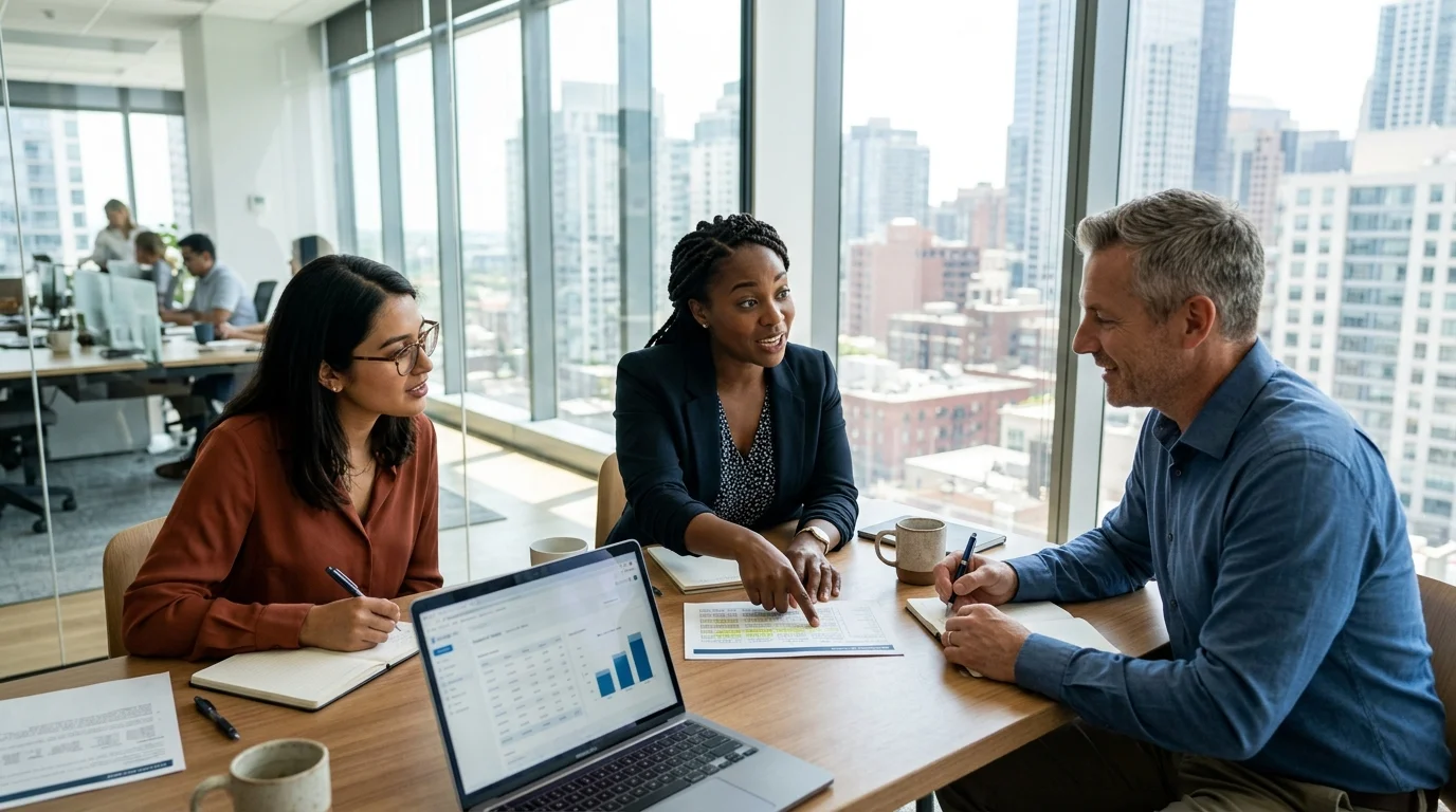 Three diverse professionals collaborating around a meeting table in a bright modern office with natural light from floor-to-ceiling windows