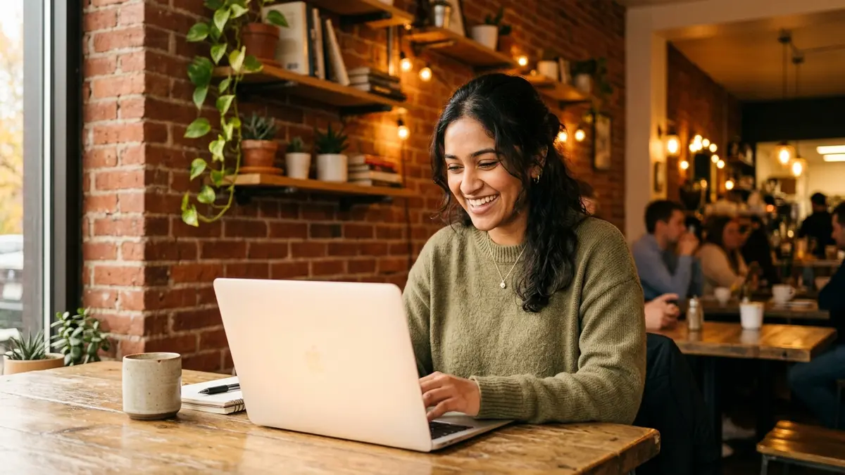 Relieved international student smiling at laptop after solving AI detection issues
