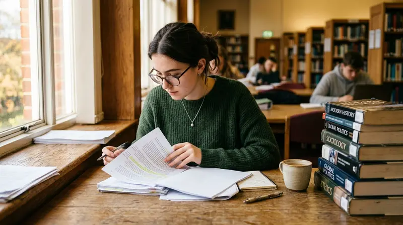 student reviewing printed papers at library desk with books