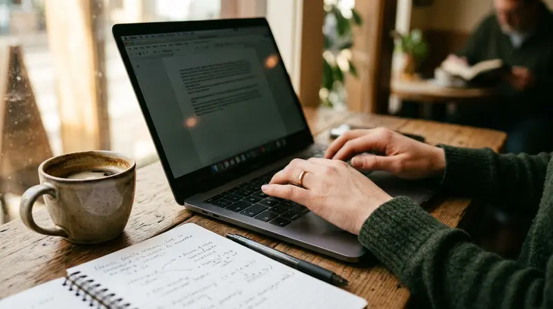 student typing on laptop with notebook and coffee in library