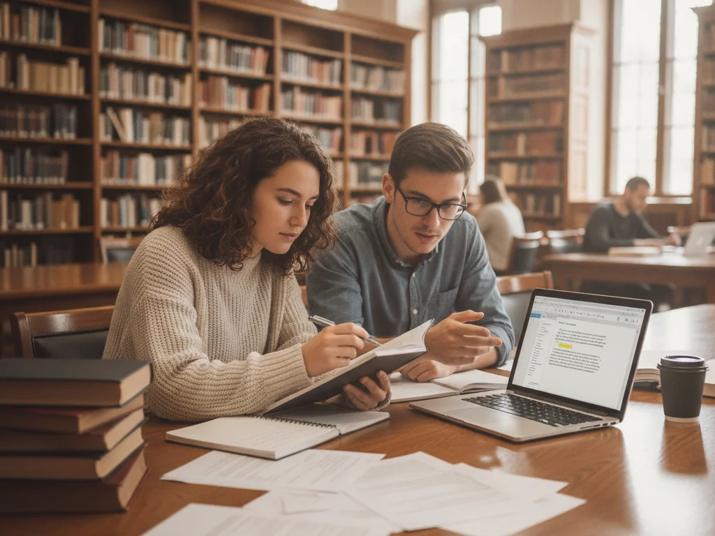 Two university students reviewing notes and discussing an essay together in a library with laptop and books warm academic setting