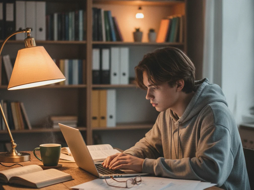 Young student working on a laptop at a home desk with bookshelf background warm lamplight creating a cozy study environment