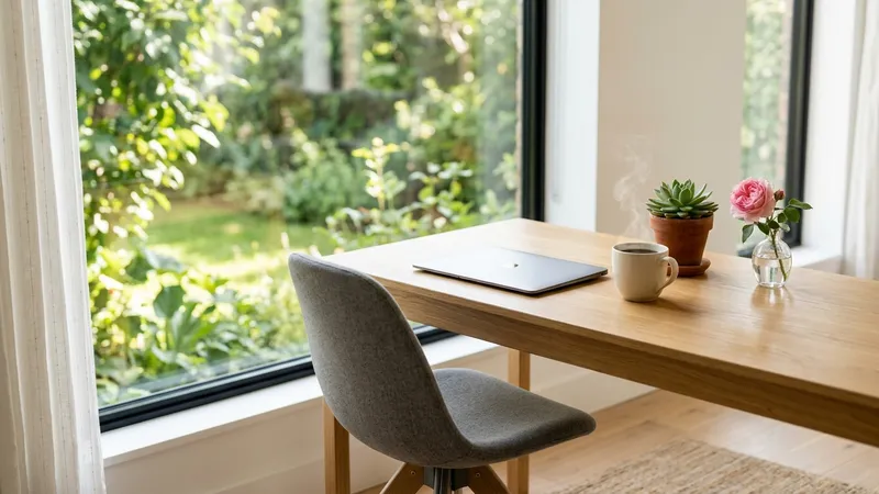 A serene wooden desk with latte art coffee closed linen notebook black pen and green plant in natural sunlight