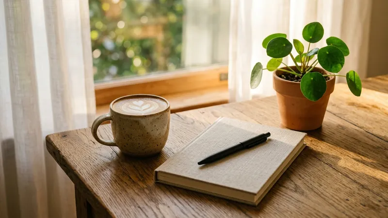 A bright modern home office with wooden desk grey chair succulent and morning sunlight streaming through a large window