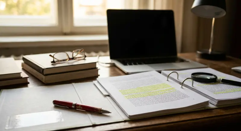 Academic desk with magnifying glass inspecting papers for AI detection accuracy