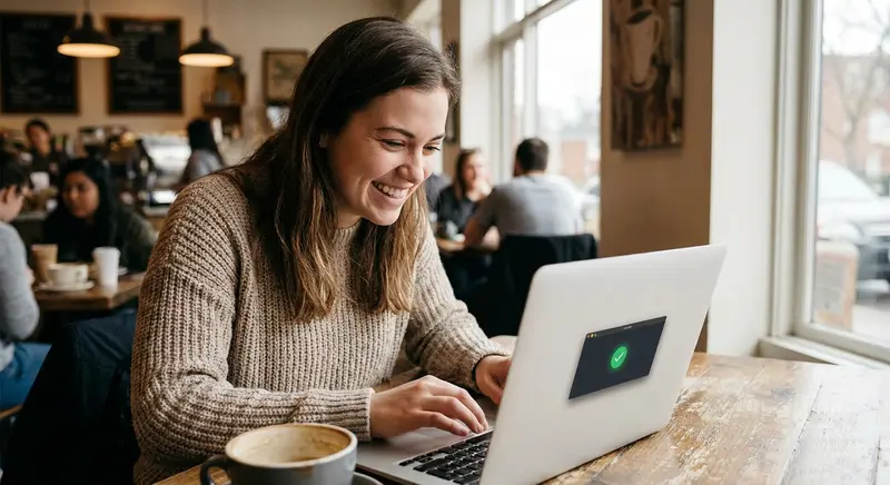 Student relieved after checking copyleaks AI detector results on laptop in coffee shop