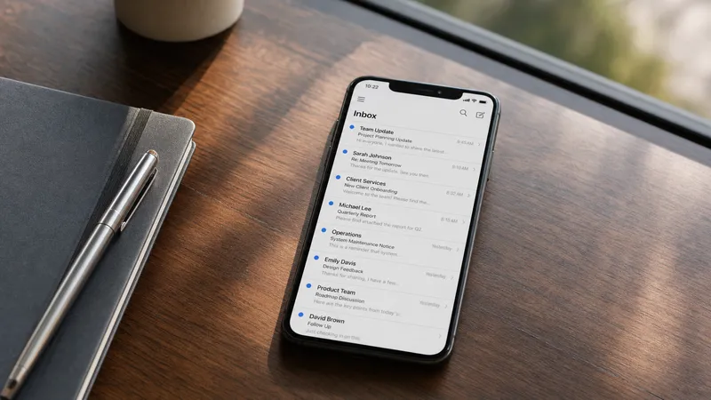 Smartphone showing email screen on desk next to notebook for business communication
