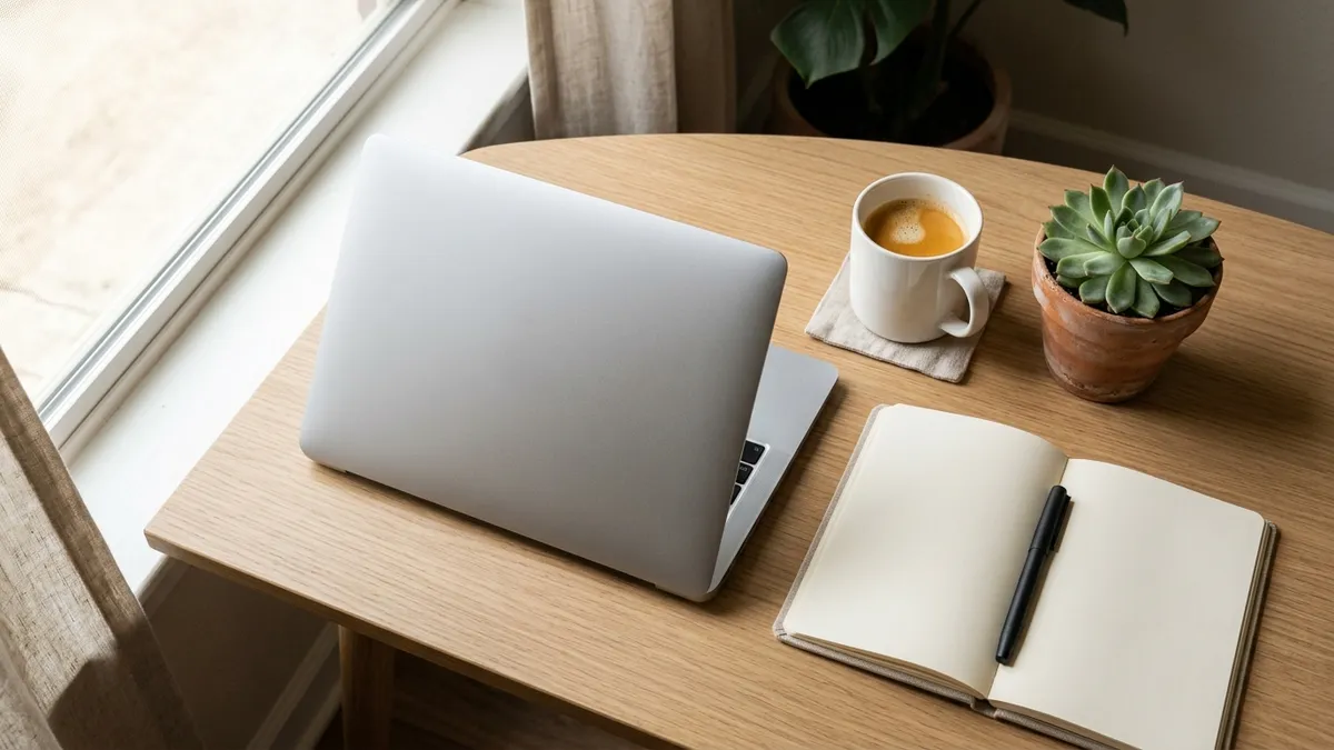 A modern desk workspace with laptop coffee plant and flower in warm natural morning light representing productive content creation