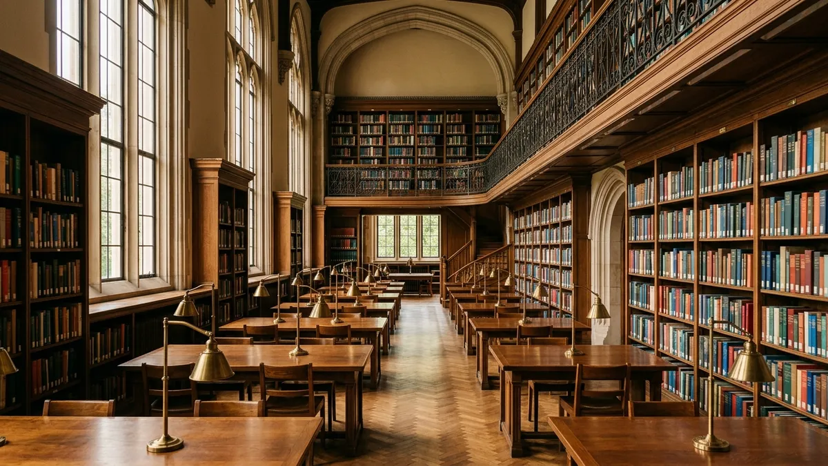 University library interior with wooden bookshelves and natural daylight streaming through tall windows