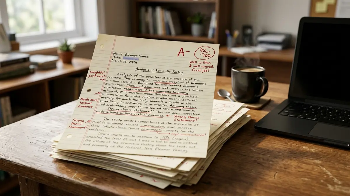 Stack of graded academic papers with red pen annotations on professor desk