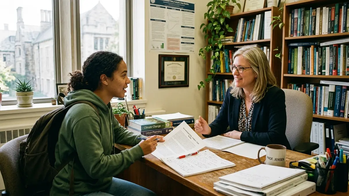 College student discussing essay with professor during office hours consultation