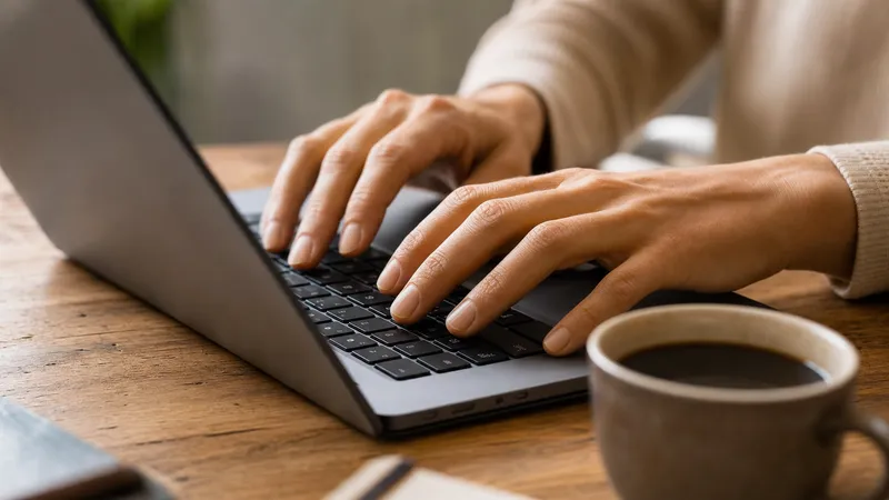 Hands typing on laptop keyboard on wooden desk for professional email writing